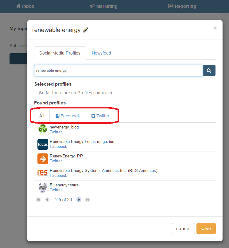social media profiles fitting specific keywords in webZunder, Facebook, Twitter