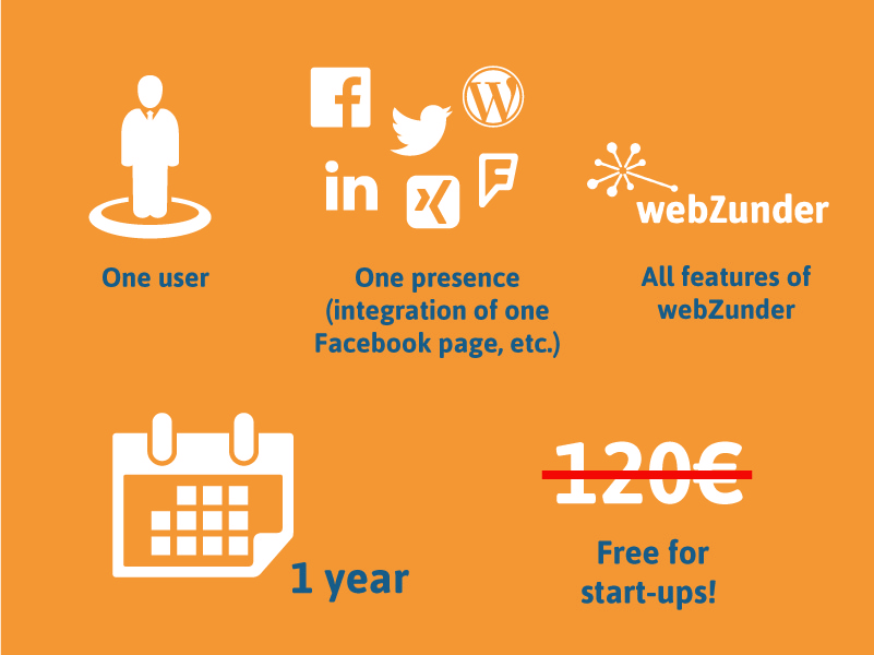 Overview of what Start-ups get for free for one year thanks to webZunder, one user, one presence, all features.
