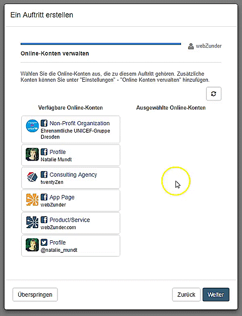 Online-Konten auswählen in webZunder
