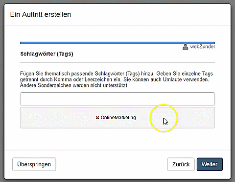Schlagworte in webZunder eingeben