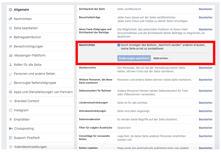 Facebook Einstellungen für Kontaktieren